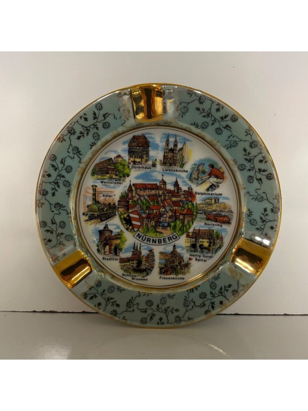 Bavaria Nurnberg Porcelain Ceramic Ashtray West Germany Gold Trim Vintage 5.75in
